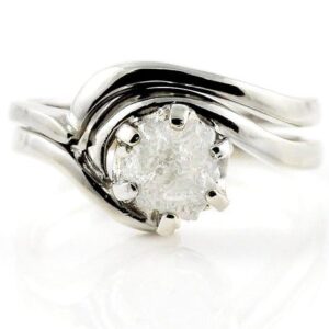 1 Carat Rough Diamond Ring Set - 14K Gold Engagement Ring Set - Swirl Design Ring with Matching Band - White Conflict Free Natural Diamond 1 Carat Rough Diamond Ring Set - 14K Gold Engagement Ring Set - Swirl Design Ring with Matching Band - White Conflict Free Natural Diamond