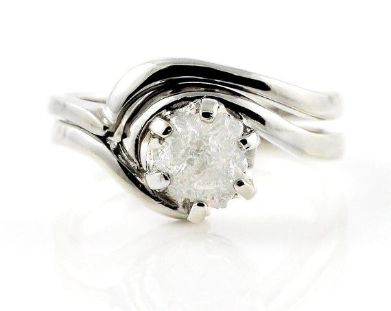 1 Carat Rough Diamond Ring Set - 14k Gold Engagement Ring Set - Swirl Design Ring With Matching Band - White Conflict Free Natural Diamond