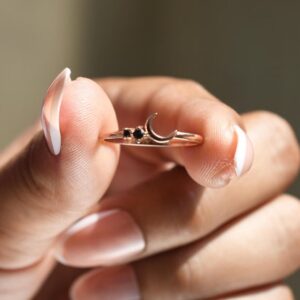 14k Black Diamond Moon Ring, Dainty Half Moon Rings, Anniversary Gift Minimalistic Band