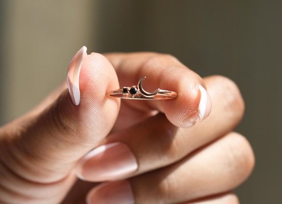 14k Black Spinel Moon Ring, Dainty Half Moon Rings, Anniversary Gift Minimalistic Band