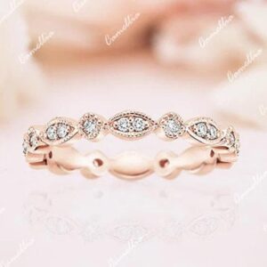14k Solid Rose Gold Diamond Milgrain Wedding Band, Dainty Stacking Ring 14k Solid Rose Gold Diamond Milgrain Wedding Band, Dainty Stacking Ring