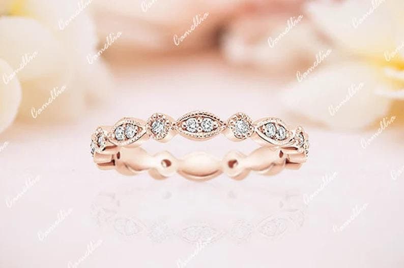 14k Solid Rose Gold Diamond Milgrain Wedding Band, Dainty Stacking Ring