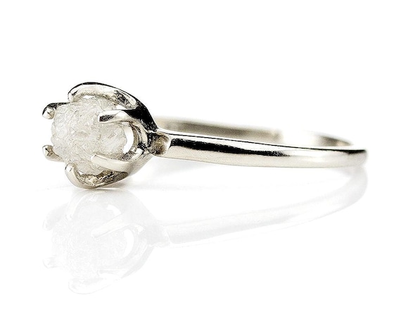 14k White Gold Rough Diamond Ring - Solitaire Ring With White Raw Diamond - Uncut Conflict Free - Classic Engagement Ring