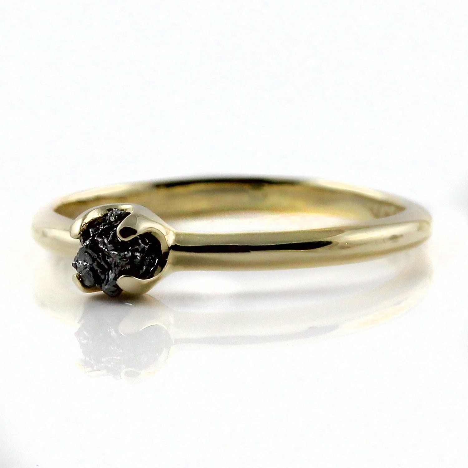 14k Yellow Gold Engagement Ring - Simple Design Ring With Black Diamond - Uncut Unfinished Raw Diamond - Wedding Ring - April Birthstone