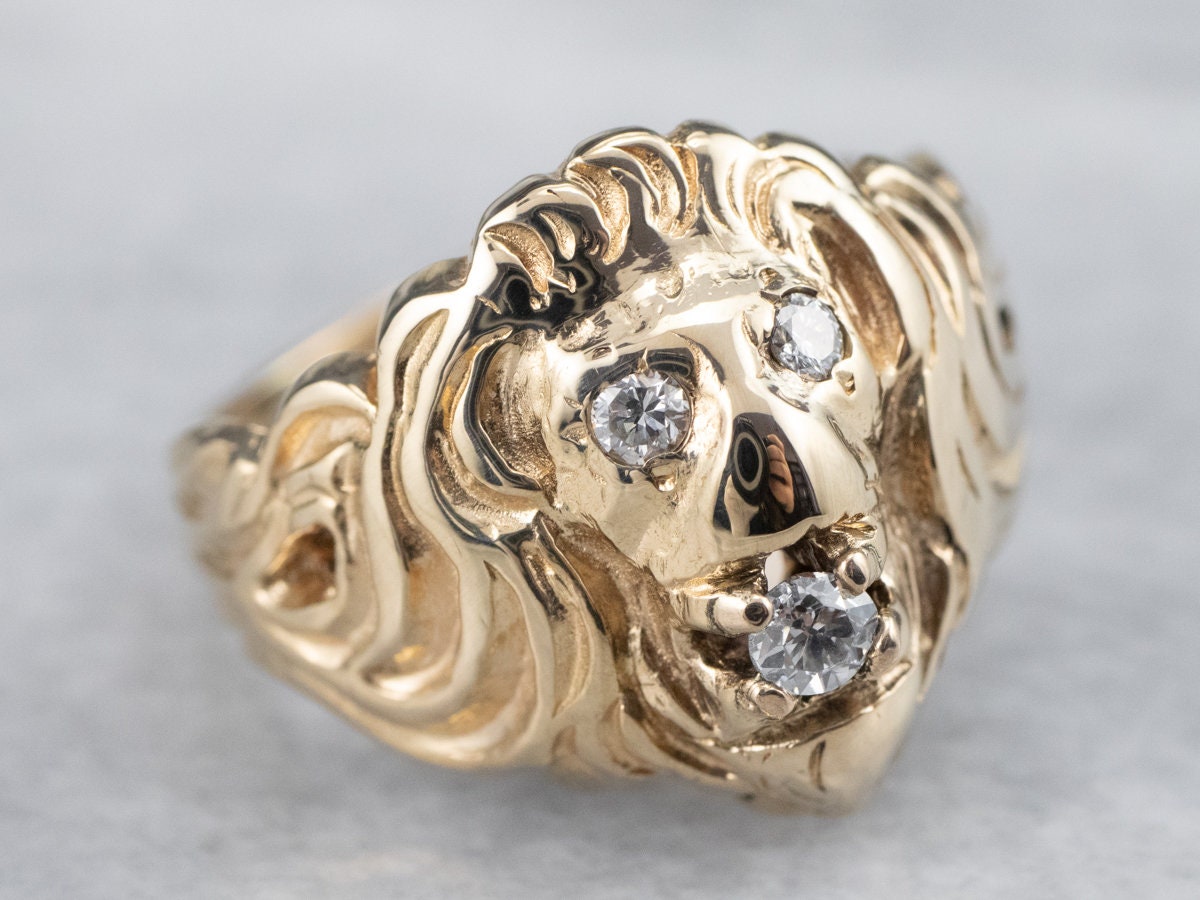 14k Yellow Gold Diamond Lion Ring, Statement Animal Jewelry