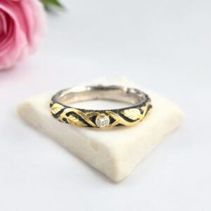 18k Gold Sterling Silver Diamond Ring, Artisan Design Promise Ring 18k Gold Sterling Silver Diamond Ring, Artisan Design Promise Ring