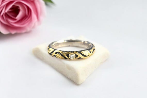 18k Gold Sterling Silver Diamond Ring, Artisan Design Promise Ring