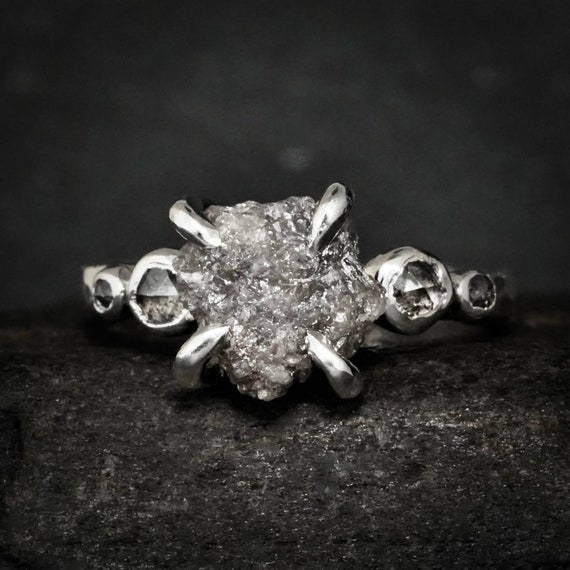 5 Grey Diamond Engagement Ring. Rustic Hammered Silver Cut Salt And Pepper Diamond And Uncut Grey Diamond Promise Ring Inspired By Nature