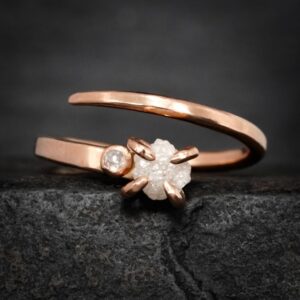 White Diamond Horseshoe Nail Ring. Rustic Alternative Uncut And Rose Cut Natural Diamond Engagement Ring