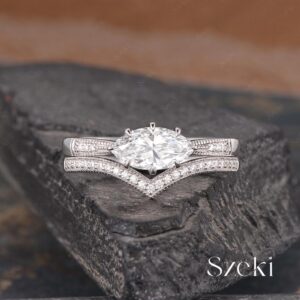 Antique Marquise Cut Lab Diamond Ring Set White Gold Igi Lab Grown Diamond Engagement Ring Vintage Filigree Ring East West Ring Promise Ring