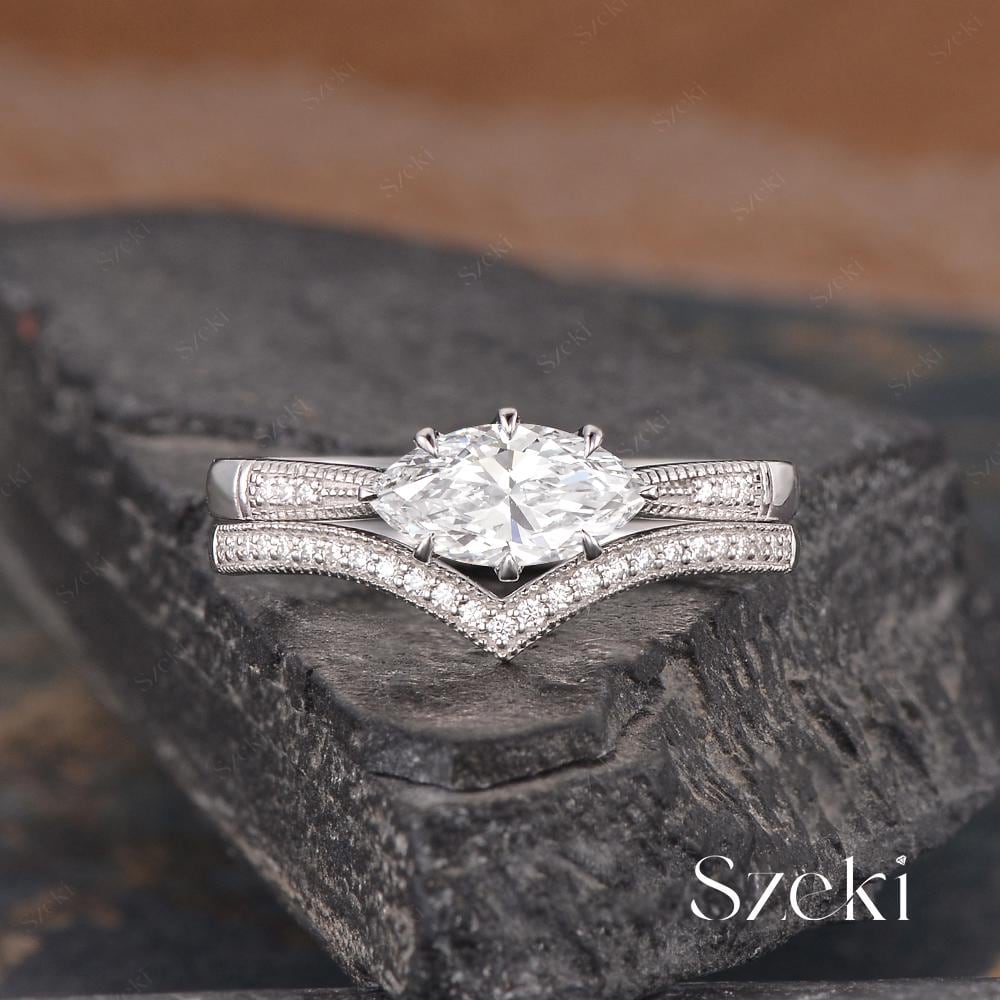 Antique Marquise Cut Lab Diamond Ring Set White Gold Igi Lab Grown Diamond Engagement Ring Vintage Filigree Ring East West Ring Promise Ring
