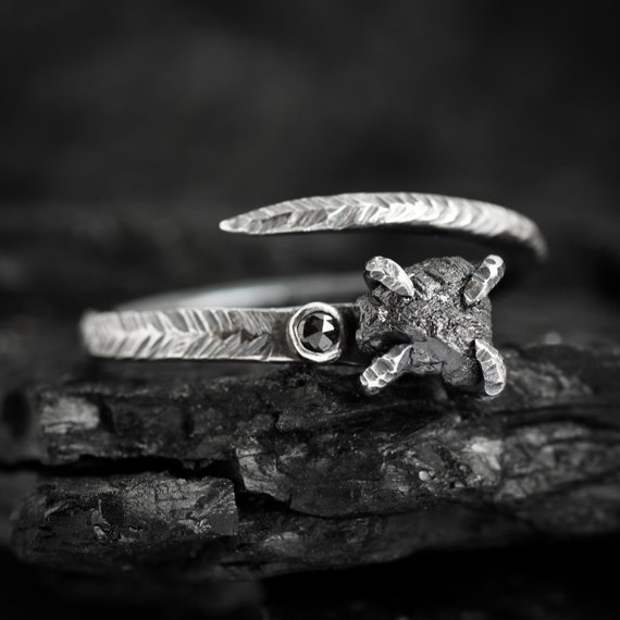 Adjustable Raw Black Diamond Ring. Rustic Black Silver Rough And Cut Black Diamond Unique Engagement Or Everyday Statement Ring