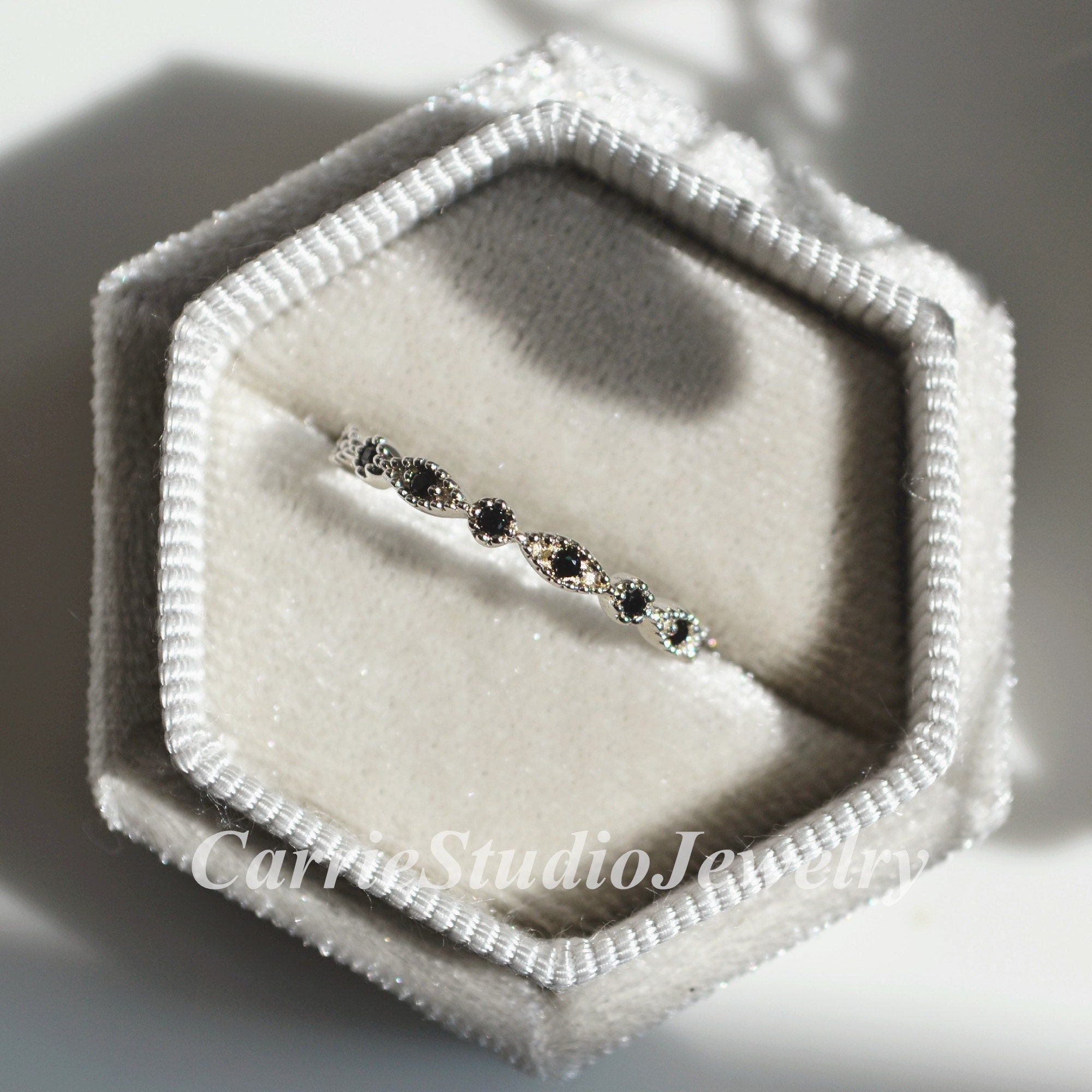 Black Diamond Art Deco Marquise Band Stackable/wedding Band Vintage Silver/ Promise Band/matching Band /gift For Her