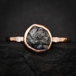 Uncut Black Diamond Engagement Ring. Rustic Alternative Matte Gold North Star Earth Mined Raw Diamond Statement Ring