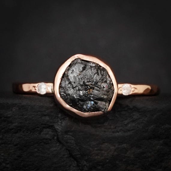 Raw Black Diamond Engagement Ring. Rustic Rose Gold Bezel Set Natural Round Uncut Diamond Hammered Band Everyday Promise Ring