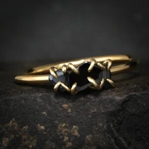 Dainty Everyday Black Diamond Ring. Rustic Random Rose Cut Shape 3 Stone Prong Set Engagement Everyday Ring