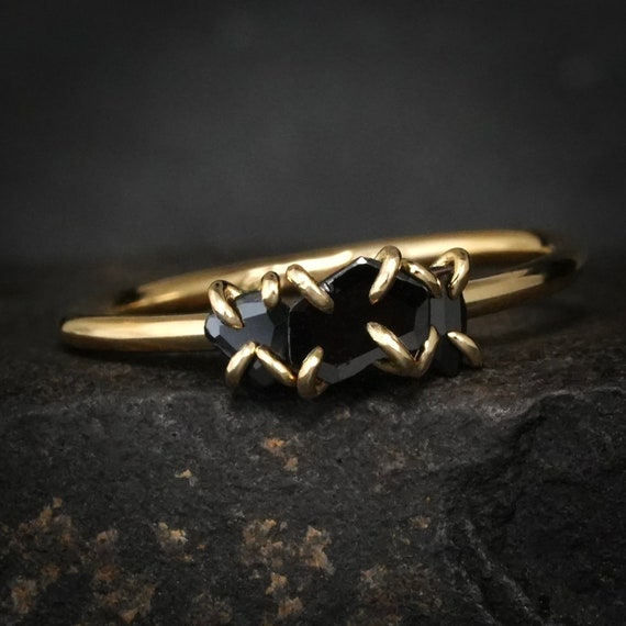 Dainty Everyday Black Diamond Ring. Rustic Random Rose Cut Shape 3 Stone Prong Set Engagement Everyday Ring