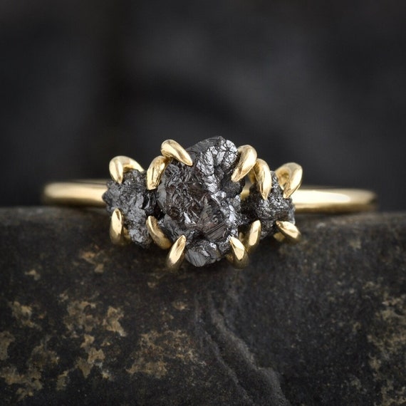 Cluster Black Diamond Engagement Ring. Rustic Solid 18k Gold Prong Set 3 Stone Raw Uncut Black Carbonado Diamond Promise Ring