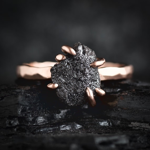 Black Silver Raw Diamond Ring. Rustic Hammered Textured Solid Silver Or Gold Alternative 6 Prong Set Uncut Natural Diamond Promise Ring