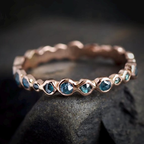 Blue Diamond Eternity Band Ring. Rose Cut Random Size Round Greenish Blue Diamond Eternity Pebble Wedding Stacking Ring