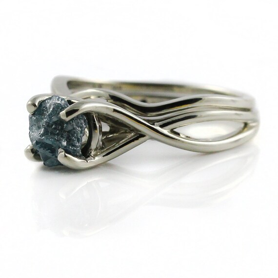 Blue Raw Diamond Ring Set - 1.0 Carat Rough Diamond Ring With Band - Infinity Design Ring And Band - 14k White Gold - Conflict Free Diamond