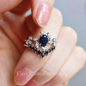 Blue Sandstone Engagement Ring Set/Silver Black Diamond Ring Set/Oval Blue Goldstone Ring/Custom Promise Ring