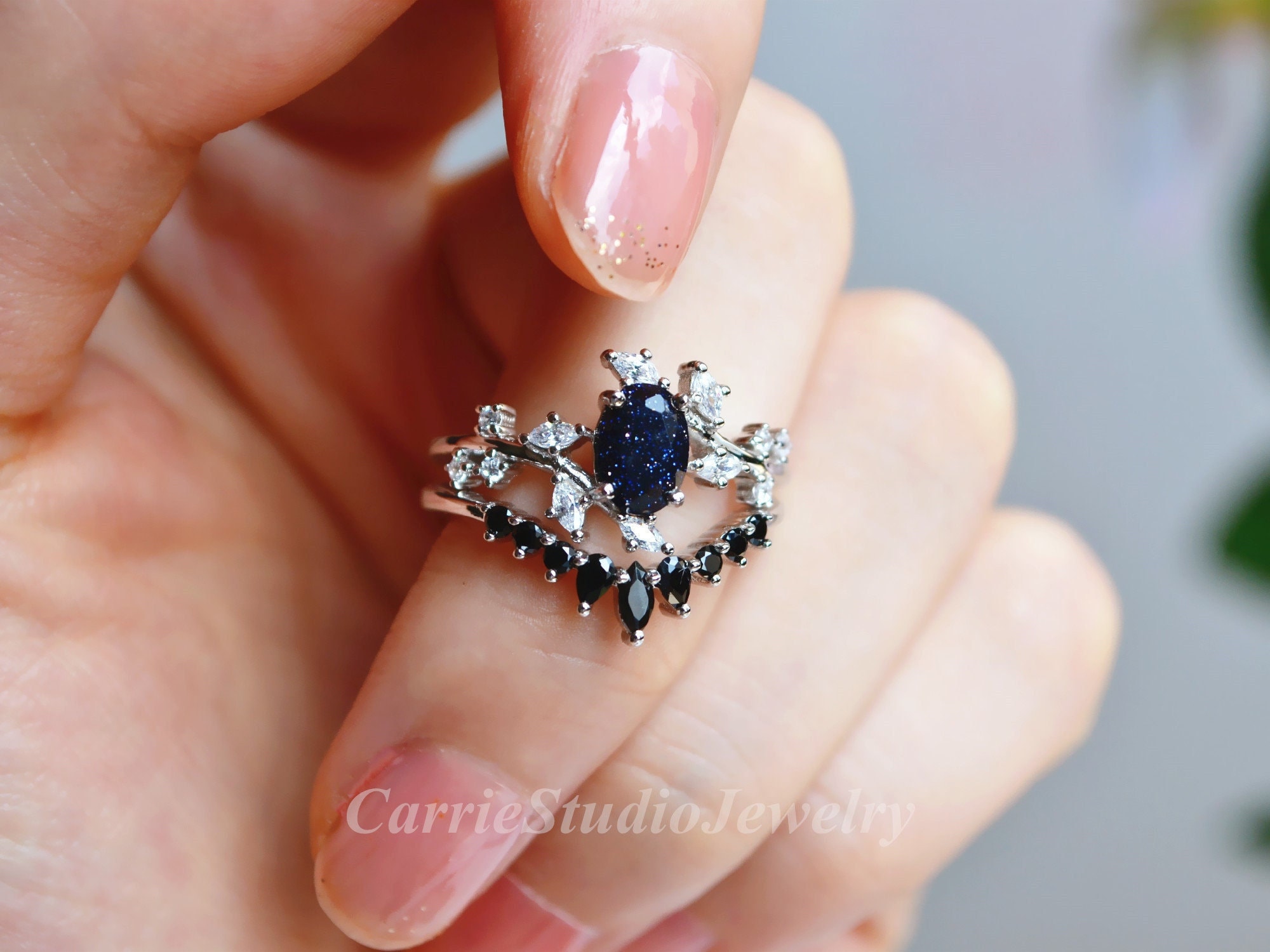 Blue Sandstone Engagement Ring Set/silver Black Diamond Ring Set/oval Blue Goldstone Ring/custom Promise Ring Blue Sandstone Engagement Ring Set/silver Black Diamond Ring Set/oval Blue Goldstone Ring/custom Promise Ring