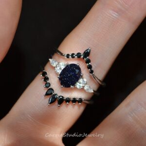Blue Sandstone Ring Set/Silver Black Diamond Engagement Ring Set/Oval Blue Goldstone Jewelry/Personalized Gift for Her