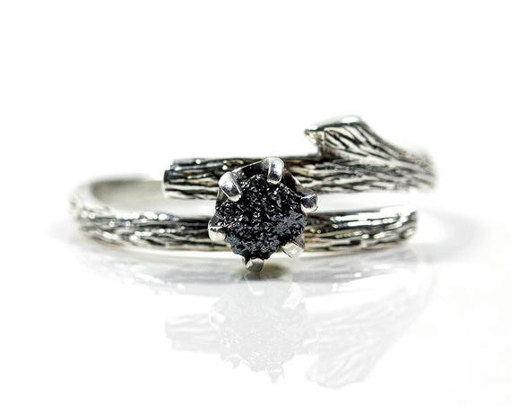 Branch Ring With Raw Diamond - Sterling Silver Or 14k Gold Engagement Ring & Matching Band