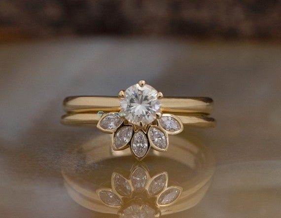 Bridal Ring Set-diamond Cluster Wedding Set-art Deco Wedding Set-4prong Engagement-curved Band Set-gold Solitaire Ring-diamond Enhancer Ring