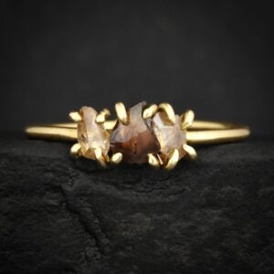 Uncut Brown Diamond Statement Ring. Rustic Prong Set 18k Yellow Gold Raw Natural Cognac Champagne Colour Diamond Engagement Ring