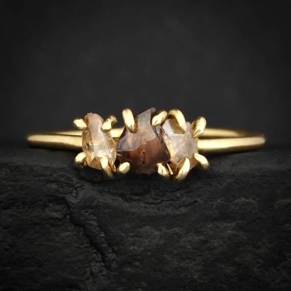 Uncut Brown Diamond Statement Ring. Rustic Prong Set 18k Yellow Gold Raw Natural Cognac Champagne Colour Diamond Engagement Ring