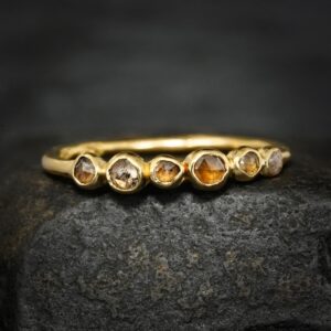 Round Natural Brown Diamond Band. Rustic Yellow Gold Rose Cut Bezel Set Light Cognac Brown Diamond Promise Pebble Bubble Wedding Ring