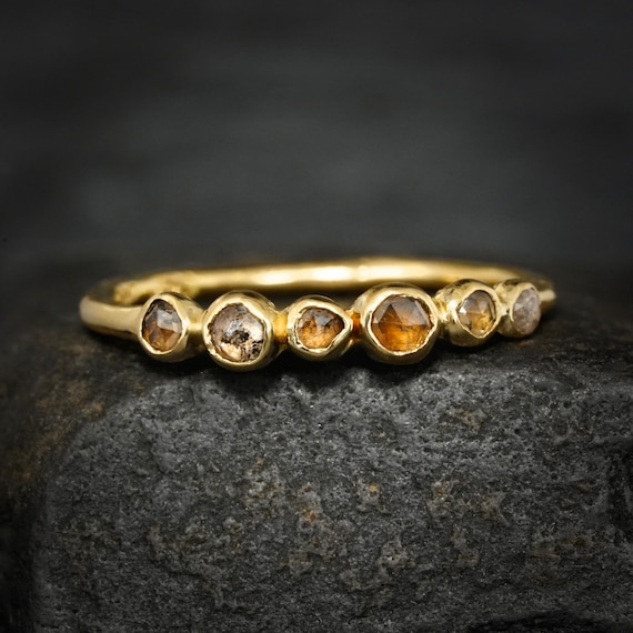 Round Natural Brown Diamond Band. Rustic Yellow Gold Rose Cut Bezel Set Light Cognac Brown Diamond Promise Pebble Bubble Wedding Ring