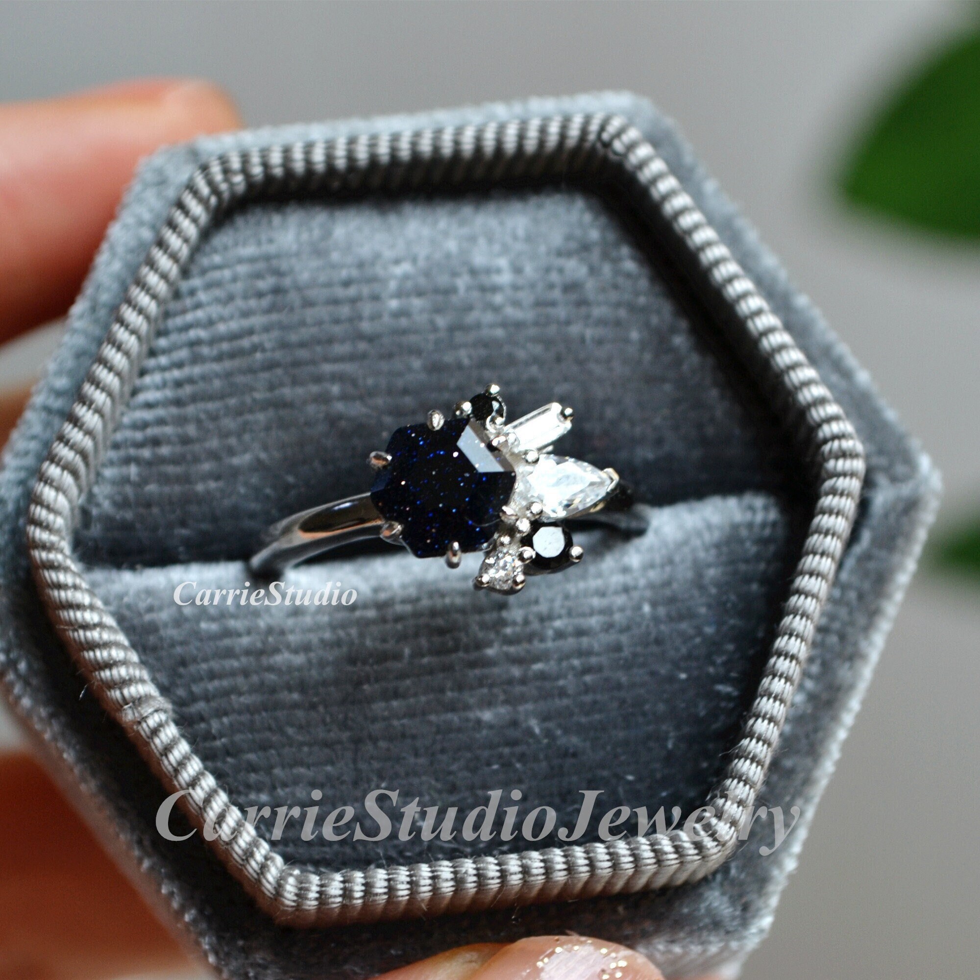 Cluster Hexagon Blue Sandstone Engagement Ring - Silver Black Diamond Promise Ring - Art Deco Personalized Ring-one Of A Kind Jewelry