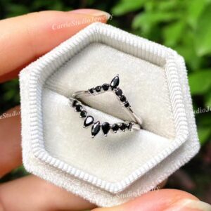 Curved Black Diamond Stacking Bands Sterling Silver - Chevron Ring Set - Wedding Bands for Women -  Gothic Ring Matching Bands