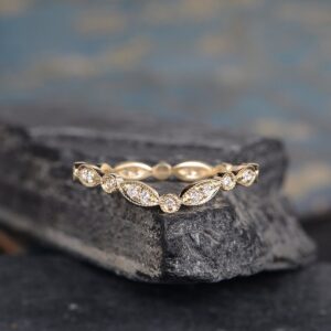 Curved Wedding Band Women Chevron Eternity Diamond Band Art Deco Milgrain Yellow Gold Unique Stacking Ring Marquise Gift For Her Bridal Curved Wedding Band Women Chevron Eternity Diamond Band Art Deco Milgrain Yellow Gold Unique Stacking Ring Marquise Gift For Her Bridal