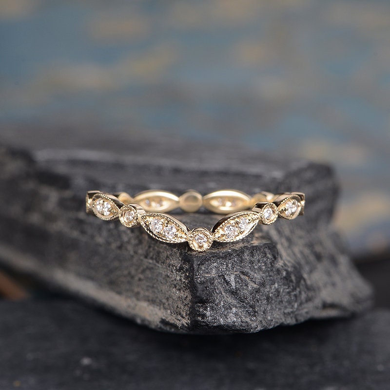 Curved Wedding Band Women Chevron Eternity Diamond Band Art Deco Milgrain Yellow Gold Unique Stacking Ring Marquise Gift For Her Bridal