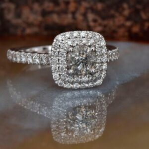 Double Halo Engagement Ring, Square Engagement Ring, Gray Diamond Ring, Art Deco Diamond Jewelry, 0.60 Carat Diamond Ring, Vintage Style Double Halo Engagement Ring, Square Engagement Ring, Gray Diamond Ring, Art Deco Diamond Jewelry, 0.60 Carat Diamond Ring, Vintage Style