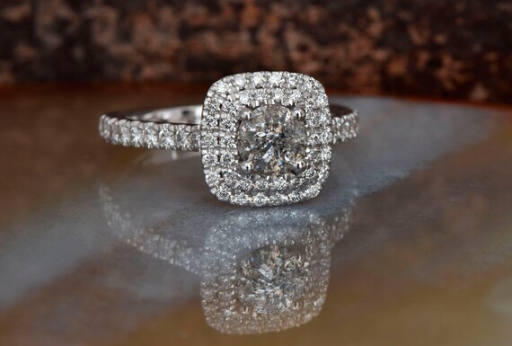 Double Halo Engagement Ring, Square Engagement Ring, Gray Diamond Ring, Art Deco Diamond Jewelry, 0.60 Carat Diamond Ring, Vintage Style Double Halo Engagement Ring, Square Engagement Ring, Gray Diamond Ring, Art Deco Diamond Jewelry, 0.60 Carat Diamond Ring, Vintage Style