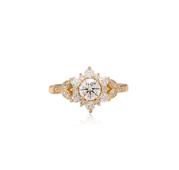 Elegant 14k/18k Solid Gold Lab Diamonds Flower Engagement Ring, Floral Promise Ring, Dainty Romantic Diamond Jewelry, Fancy Anniversary Ring