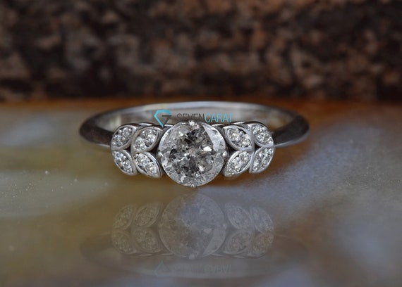 Elegant Leaf Engagement Ring, 14k/18k Salt And Pepper Diamond Ring, Gray Diamond Engagement Ring, Dainty Diamond Leaf Ring, Gift For Wife