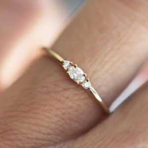 Diamond engagement ring, Oval diamond ring, Small three stone ring, Dainty petite ring