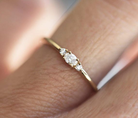 Diamond Engagement Ring, Oval Diamond Ring, Small Three Stone Ring, Dainty Petite Ring