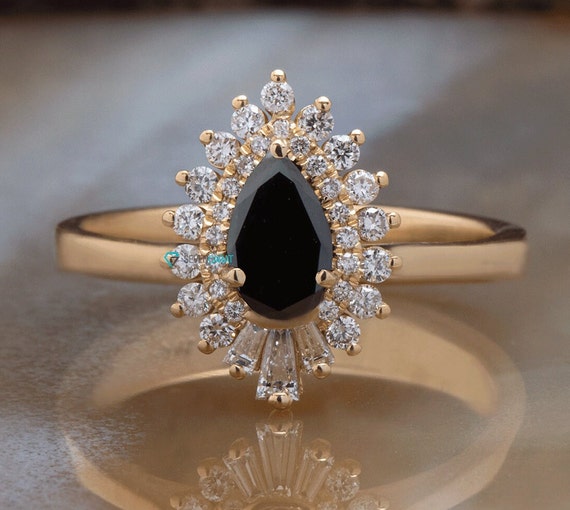 Gatsby Black Diamond Engagement Ring, Vintage Style Engagement Ring, Black Diamond Jewelry, Teardrop Engagement Ring, Anniversary Ring