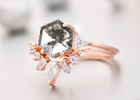 Handmade 14k Gold Salt And Pepper Diamond Engagement Ring - Art Deco Bridal Handmade 14k Gold Salt And Pepper Diamond Engagement Ring - Art Deco Bridal