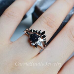 Hexagon Blue Sandstone & Black Diamond Engagement Ring Set - Silver Black Stone Cluster Ring - Vintage Personalized Ring Set