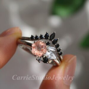 Hexagon Pink Quartz Ring Set/Black Diamond Band/Strawberry Quartz Engagement Ring Silver Cluster/Stacking Ring Set for Women Hexagon Pink Quartz Ring Set/Black Diamond Band/Strawberry Quartz Engagement Ring Silver Cluster/Stacking Ring Set for Women