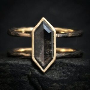Geometric Galaxy Diamond Statement Ring. Rustic Yellow Gold Double Band Textured Hexagon Shape Black Salt And Pepper Diamond Engagement Ring Geometric Galaxy Diamond Statement Ring. Rustic Yellow Gold Double Band Textured Hexagon Shape Black Salt And Pepper Diamond Engagement Ring