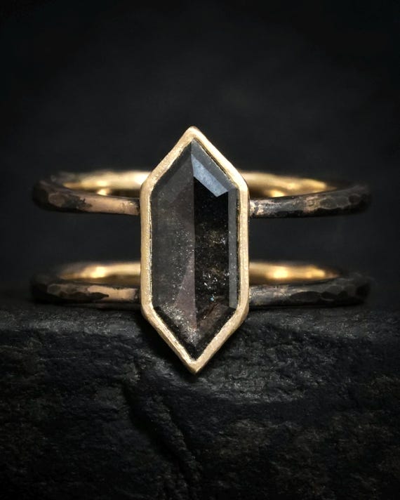 Geometric Galaxy Diamond Statement Ring. Rustic Yellow Gold Double Band Textured Hexagon Shape Black Salt And Pepper Diamond Engagement Ring